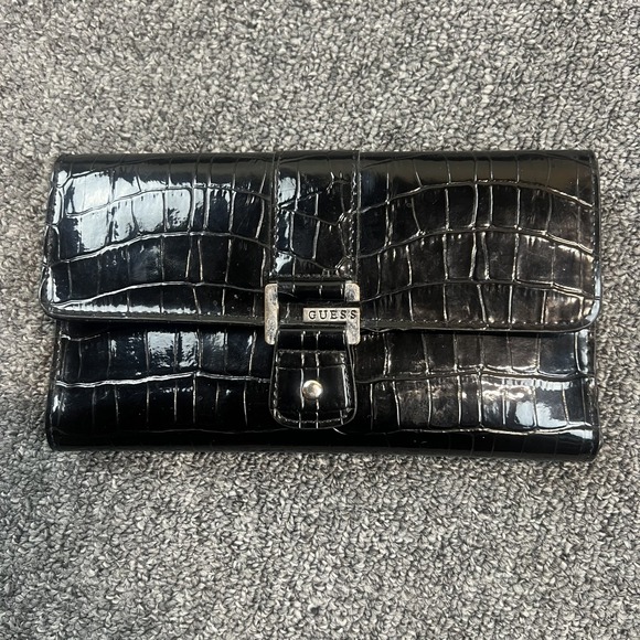 Guess Y2K Croc Embossed Patent Leather Trifold Wallet Black Silver Logo OS — photo 2